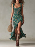 Vestido largo bohemio verde estampado con mangas con volantes.