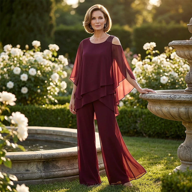 Conjunto de dos piezas para mujer a la moda: Top de chiffon asimétrico y pantalón ancho 👚👖