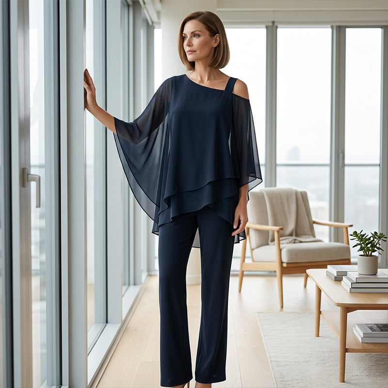 Conjunto de dos piezas para mujer a la moda: Top de chiffon asimétrico y pantalón ancho 👚👖