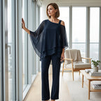 Conjunto de dos piezas para mujer a la moda: Top de chiffon asimétrico y pantalón ancho 👚👖