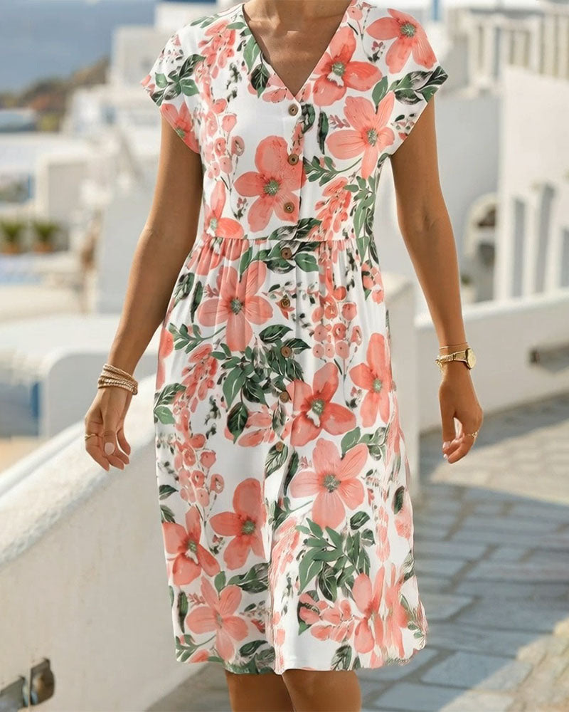 Vestido de estampado floral con escote en V y manga corta