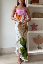 Vestido maxi estampado floral de un solo hombro con drapeado lateral, volante y abertura