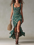 Vestido maxi bohemio retro con mangas volantes y abertura alta