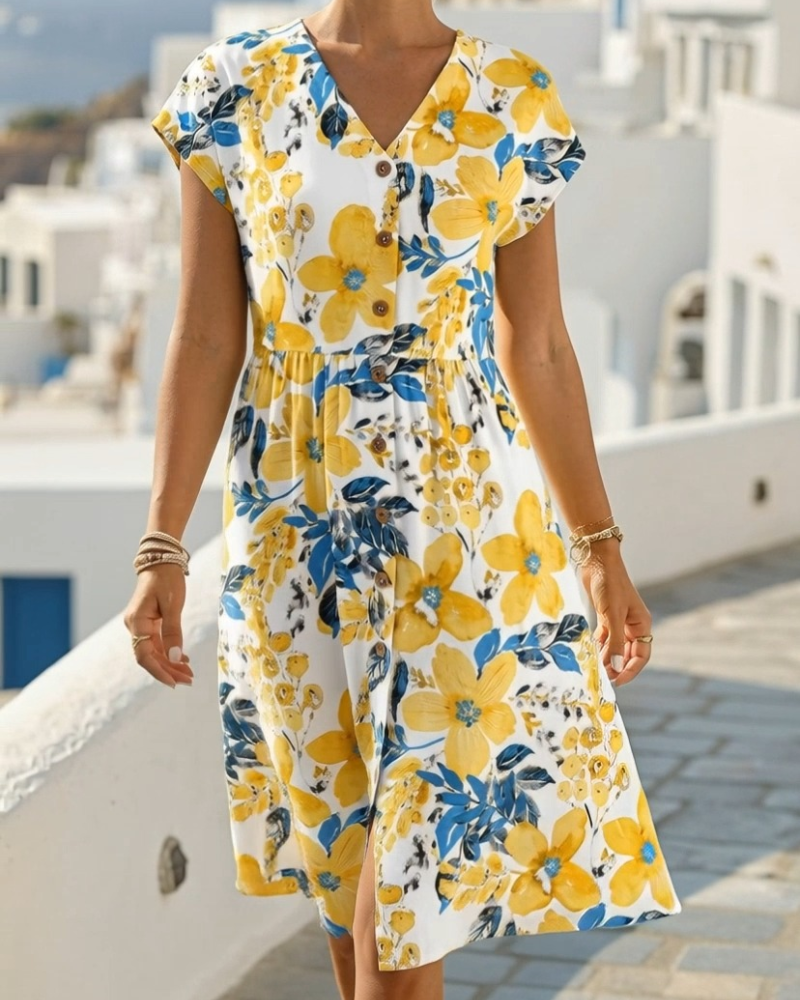 Vestido de estampado floral con escote en V y manga corta