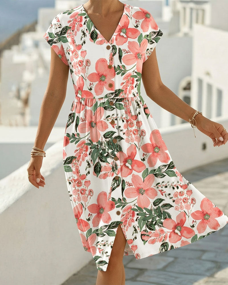 Vestido de estampado floral con escote en V y manga corta