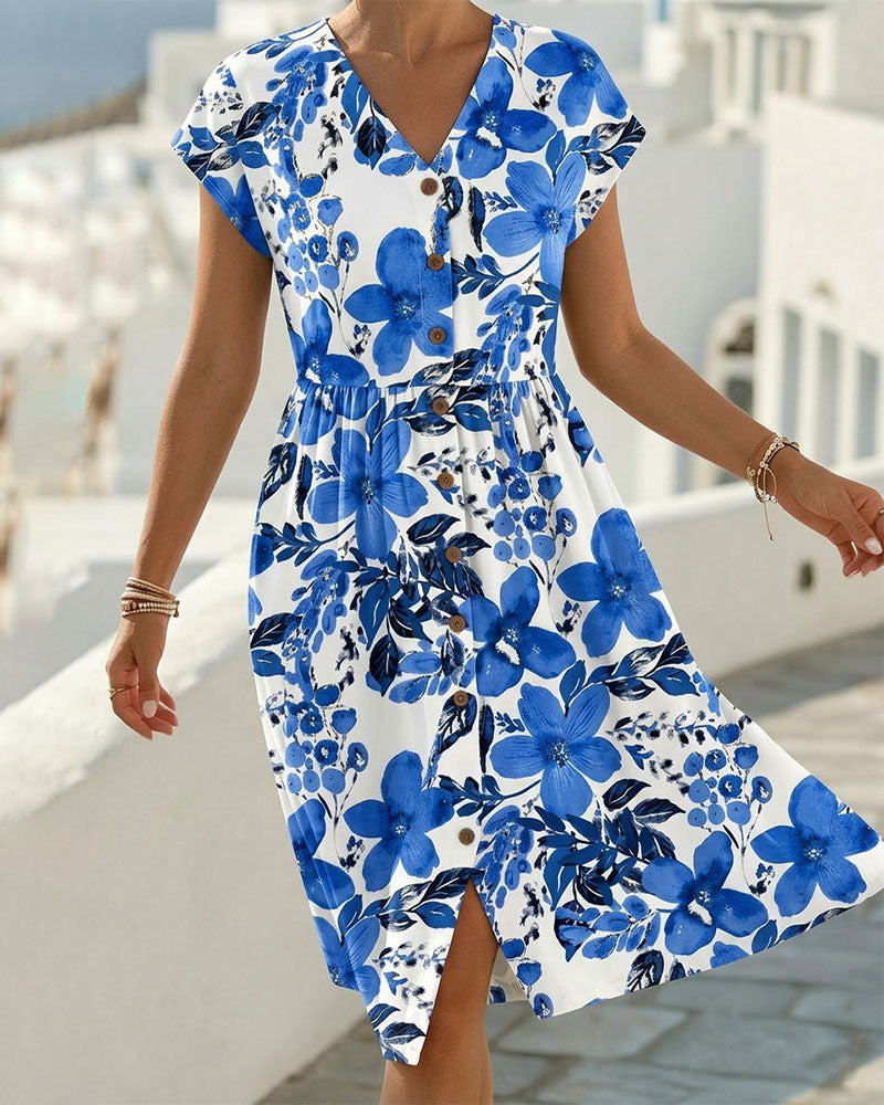 Vestido de estampado floral con escote en V y manga corta