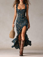 Vestido maxi bohemio retro con mangas volantes y abertura alta