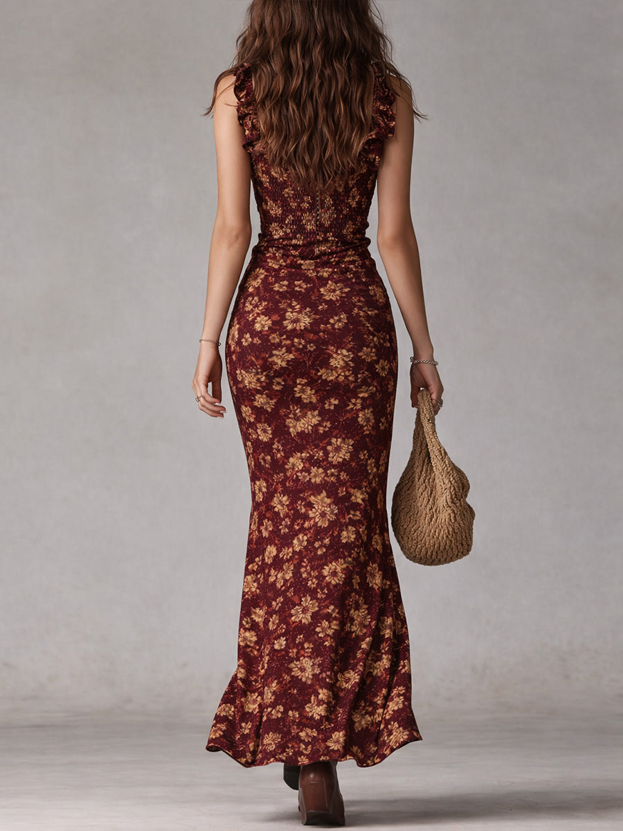 Vestido maxi bohemio retro con mangas volantes y abertura alta