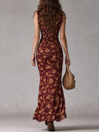 Vestido maxi bohemio retro con mangas volantes y abertura alta