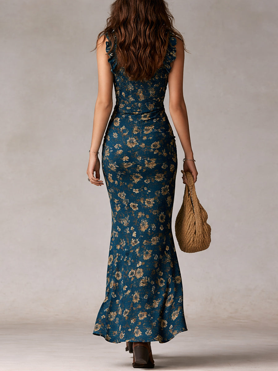 Vestido maxi bohemio retro con mangas volantes y abertura alta