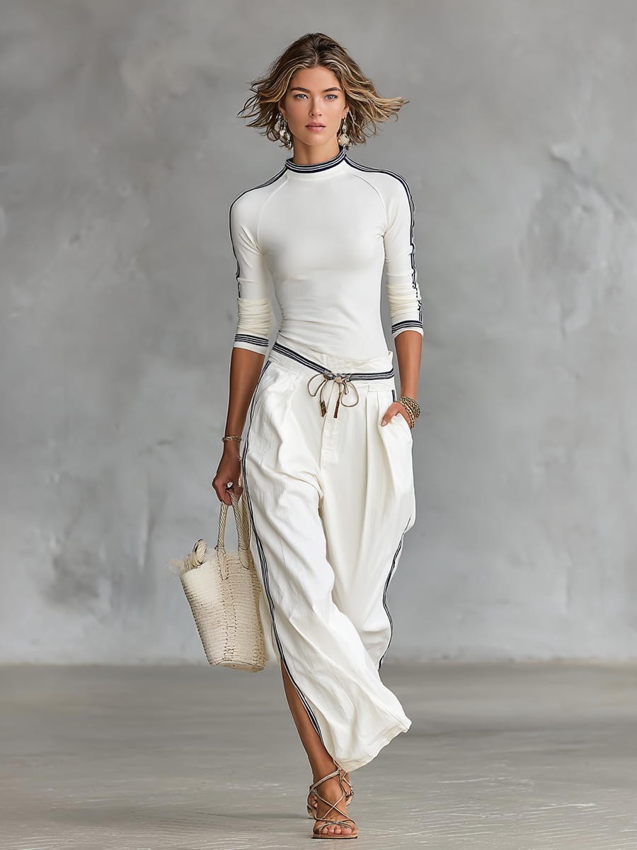 HALO | Conjunto de top de cuello alto con ribete a rayas y pantalón ancho con cordón ajustable