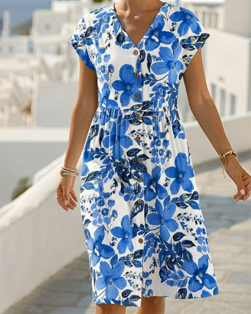 Vestido de estampado floral con escote en V y manga corta