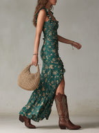 Vestido maxi bohemio retro con mangas volantes y abertura alta