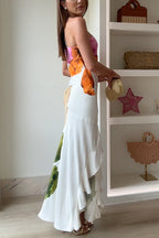 Vestido maxi estampado floral de un solo hombro con drapeado lateral, volante y abertura