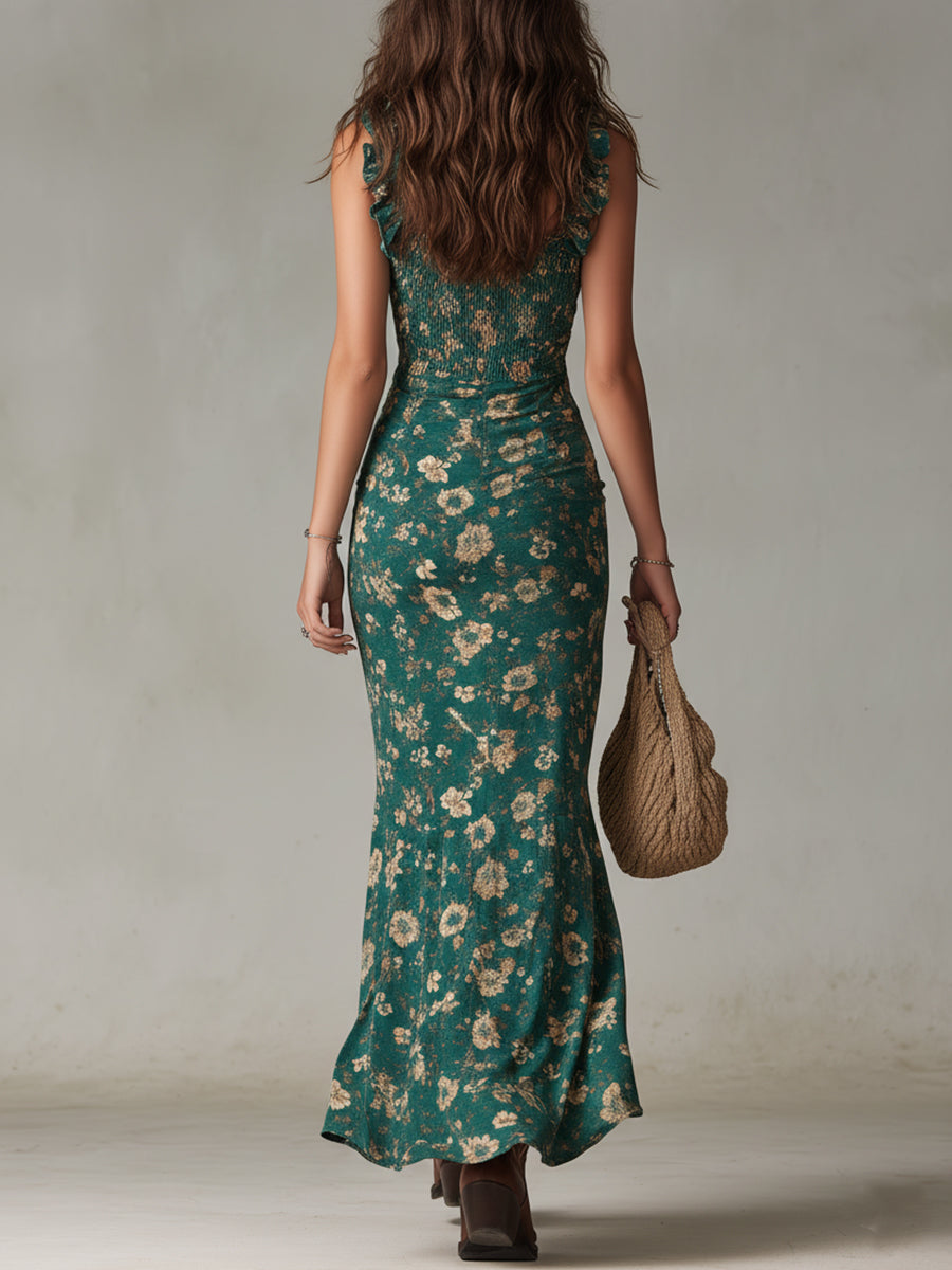 Vestido maxi bohemio retro con mangas volantes y abertura alta