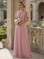 MONICA|Vestido largo de dama de honor con cintura imperial y mangas cortas con vuelo
