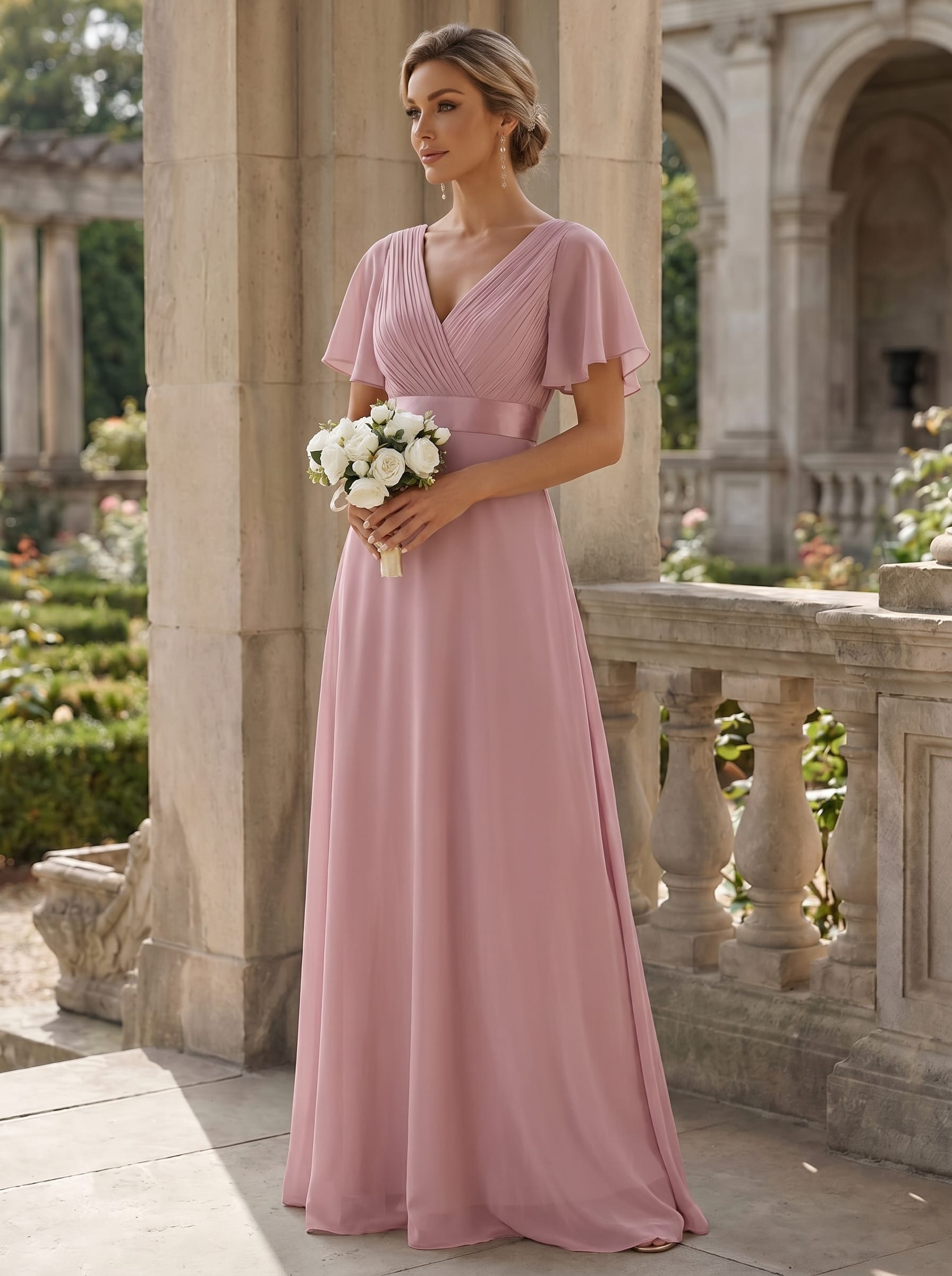 MONICA|Vestido largo de dama de honor con cintura imperial y mangas cortas con vuelo