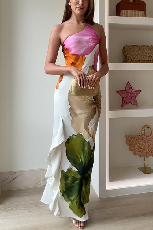 Vestido maxi estampado floral de un solo hombro con drapeado lateral, volante y abertura