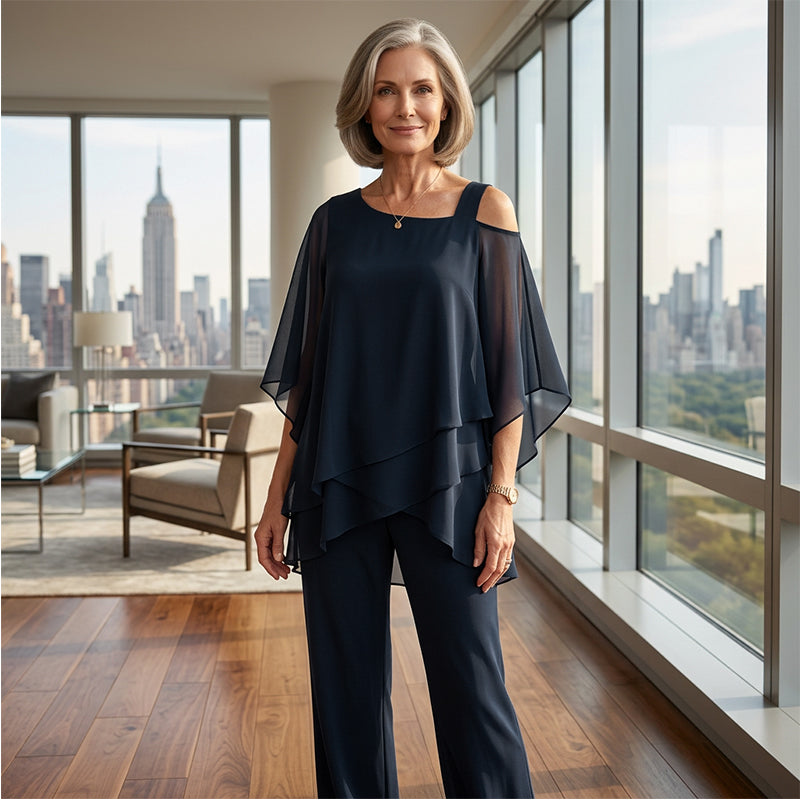 Conjunto de dos piezas para mujer a la moda: Top de chiffon asimétrico y pantalón ancho 👚👖