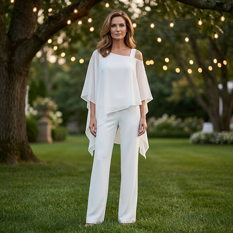Conjunto de dos piezas para mujer a la moda: Top de chiffon asimétrico y pantalón ancho 👚👖