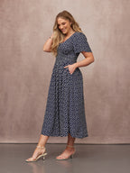 Maddie Vestido de Manga Corta - Estampado de Lunares en Azul Marino