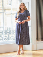 Maddie Vestido de Manga Corta - Estampado de Lunares en Azul Marino
