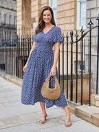 Maddie Vestido de Manga Corta - Estampado de Lunares en Azul Marino