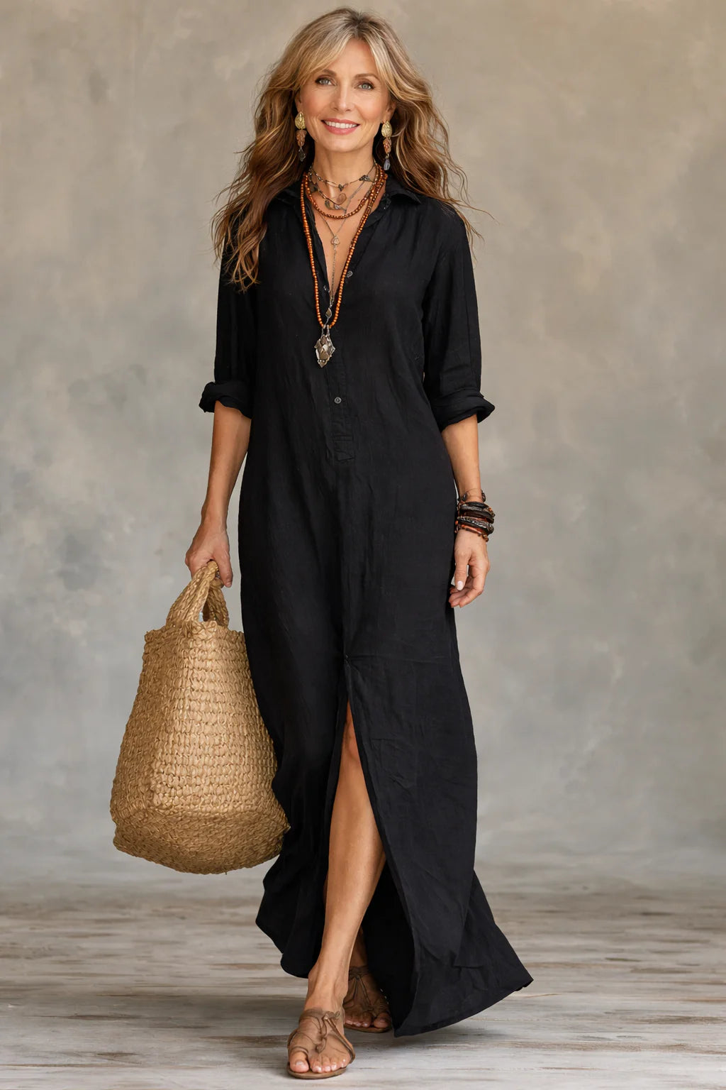Selena™ | Vestido largo holgado con escote en V y botones