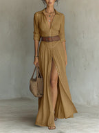 Vestido Maxi Largo de Lino con Cuello tipo Solapa y Mangas Largas