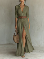 Vestido Maxi Largo de Lino con Cuello tipo Solapa y Mangas Largas