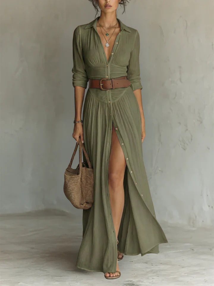 Vestido Maxi Largo de Lino con Cuello tipo Solapa y Mangas Largas