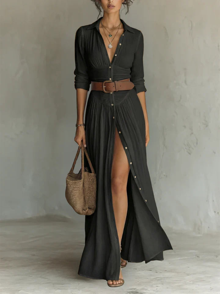 Vestido Maxi Largo de Lino con Cuello tipo Solapa y Mangas Largas