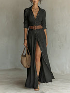 Vestido Maxi Largo de Lino con Cuello tipo Solapa y Mangas Largas