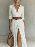 Vestido maxi largo de lino para mujer con cuello tipo solapa y mangas largas