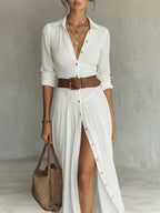 Vestido maxi largo de lino para mujer con cuello tipo solapa y mangas largas