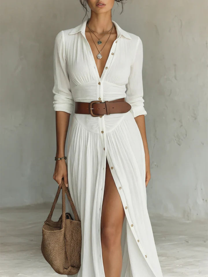 Vestido maxi largo de lino para mujer con cuello tipo solapa y mangas largas
