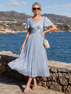 Vestido fruncido de algodón Sea Island con mangas de volante