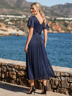 Vestido fruncido de algodón Sea Island con mangas de volante