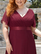 MONICA|Vestido largo de dama de honor con cintura imperial y mangas cortas con vuelo