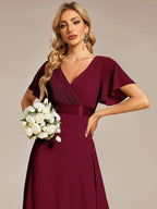 MONICA|Vestido largo de dama de honor con cintura imperial y mangas cortas con vuelo