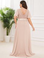MONICA|Vestido largo de dama de honor con cintura imperial y mangas cortas con vuelo