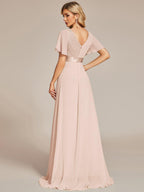 MONICA|Vestido largo de dama de honor con cintura imperial y mangas cortas con vuelo