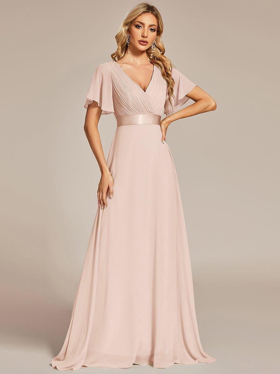MONICA|Vestido largo de dama de honor con cintura imperial y mangas cortas con vuelo