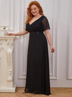 MONICA|Vestido largo de dama de honor con cintura imperial y mangas cortas con vuelo