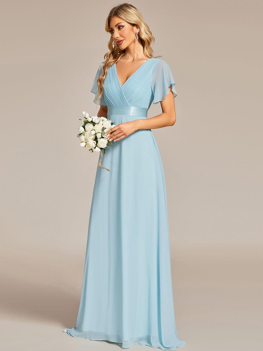 MONICA|Vestido largo de dama de honor con cintura imperial y mangas cortas con vuelo
