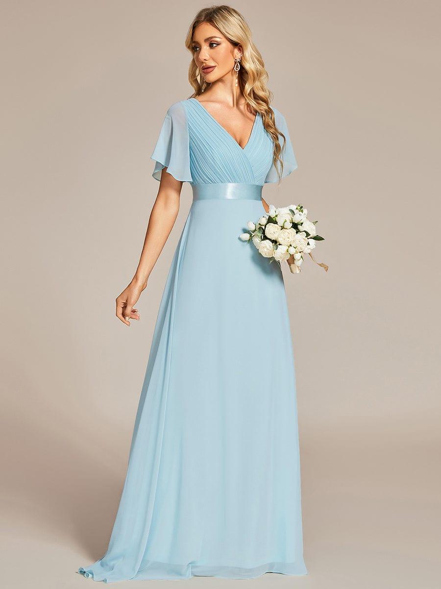MONICA|Vestido largo de dama de honor con cintura imperial y mangas cortas con vuelo