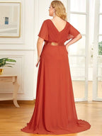 MONICA|Vestido largo de dama de honor con cintura imperial y mangas cortas con vuelo