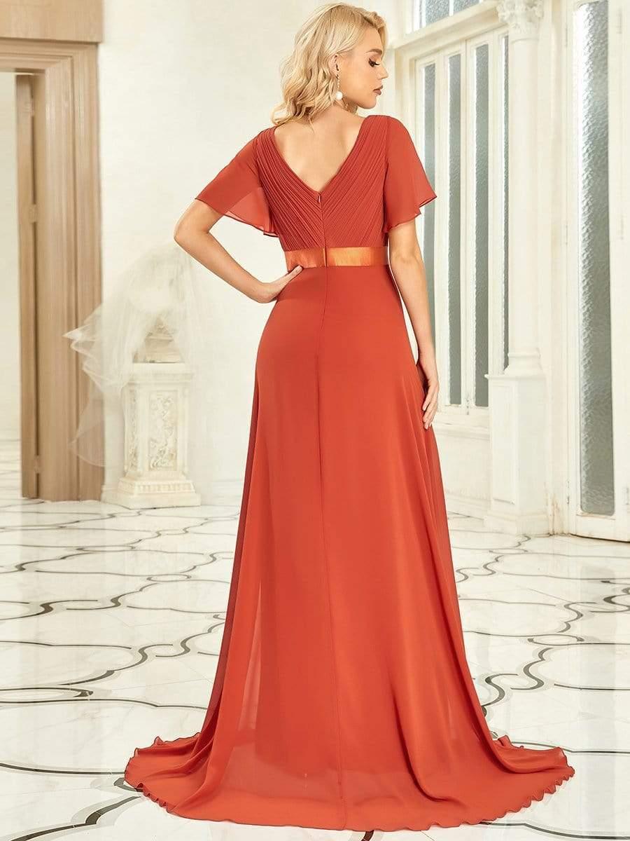 MONICA|Vestido largo de dama de honor con cintura imperial y mangas cortas con vuelo