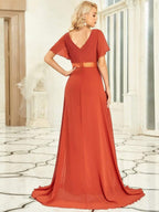 MONICA|Vestido largo de dama de honor con cintura imperial y mangas cortas con vuelo