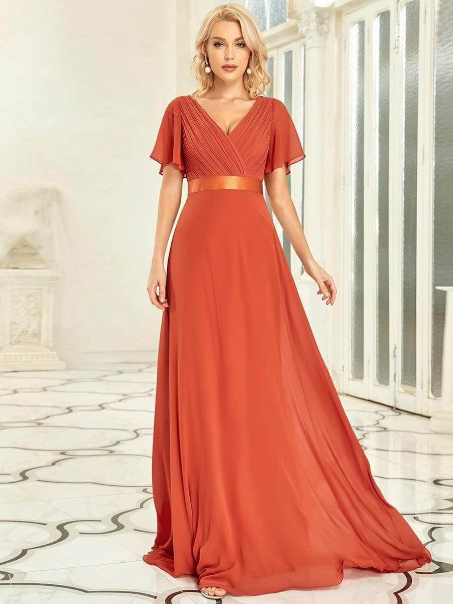 MONICA|Vestido largo de dama de honor con cintura imperial y mangas cortas con vuelo